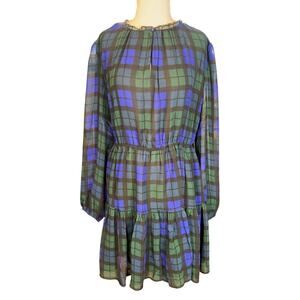 Lands End Tiered Plaid Midi Dress Keyhole Front Tie Waist Sheer Sleeve XL 18
